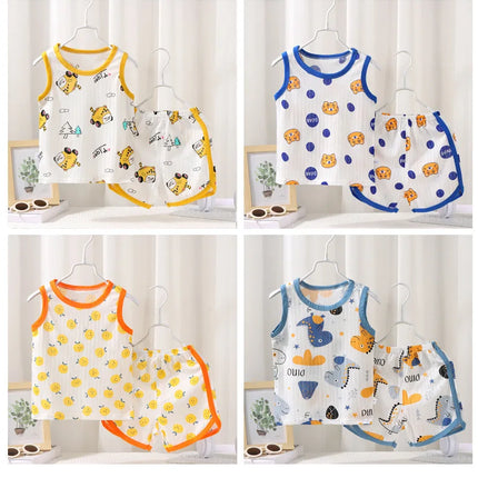 2025 New Kids Sleeveless Set Summer Cotton Girls' Shorts Pajamas Korean Style Boys' Tank Top Outfit Children Clothing Set