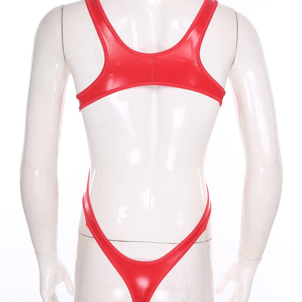 Mens Sexy Patent Leather Backless Tank Leotard Wet Look Sleeveless Sheath Bulge Pouch High Cut Bodysuit for Nightclub Pole Dance