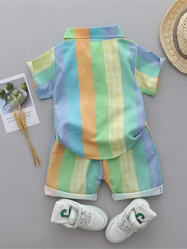 2PCS baby and toddler summer full print three-color vertical stripe pattern stand-up collar shirt short-sleeved shorts set