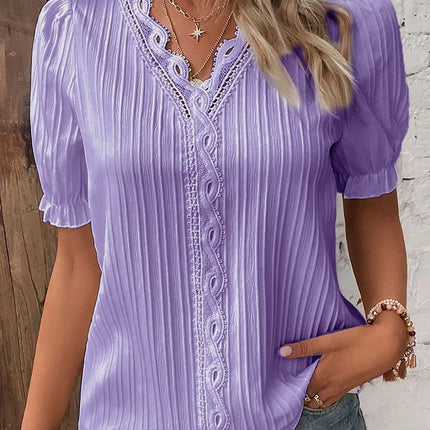 Women's Summer New Top Solid Sexy V-Neck Hollow Short Sleeve Shirt Fashion Splice Plus Size Blouse Loose Street Apparel