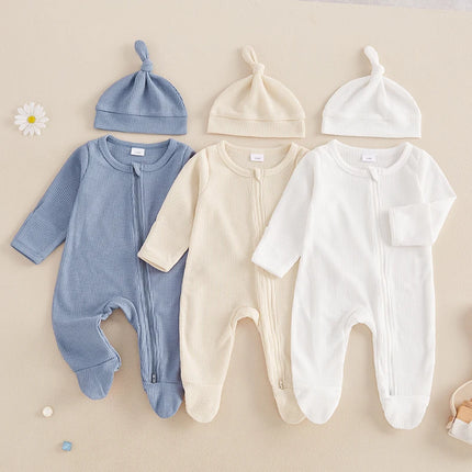 Pudcoco Newborn Baby Fall Footed Romper Solid Color Waffle Long Sleeve Crew Neck Zipper Jumpsuit with Hat 0-12M