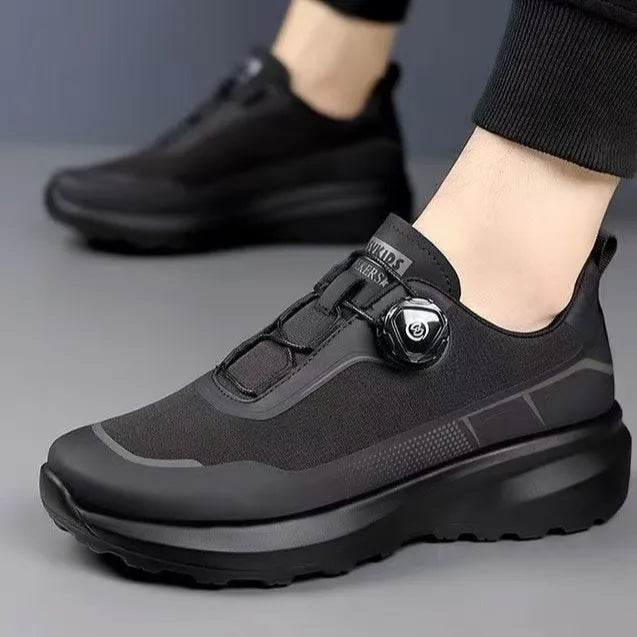 Mens Slip Resistant Running Shoes Black Thick Sole with Rotating Button Casual Sneakers for Outdoor Sports Commuting