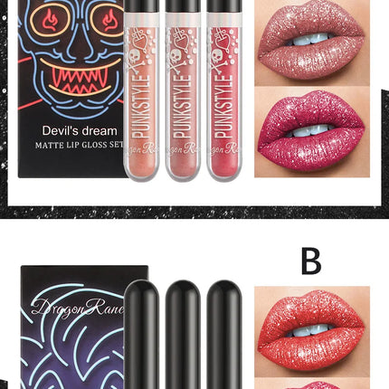 3pcs Glitter Lipstick Set Waterproof Sexy Blue Purple Black Lip Gloss Shiny Lip Tint Halloween Lip Makeup Tool Korean Cosmetics