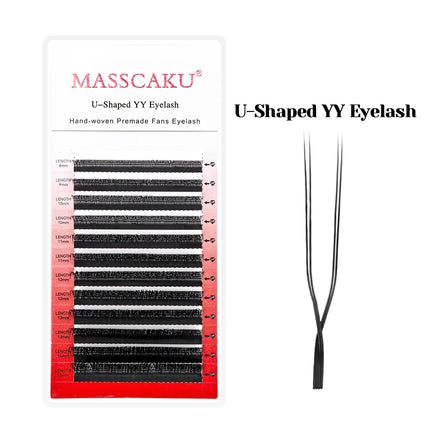 MASSCAKU U Shape YY False Eyelashes 8-15mm Mix C D Curl Double Tips Lashes Extension Hand-wowen Individual Eyelash Wholesale