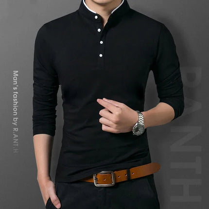 Fashion Men's Contrast Trim Mandarin Collar Polo Shirt Long Sleeve Breathable Casual Daily Wear Top