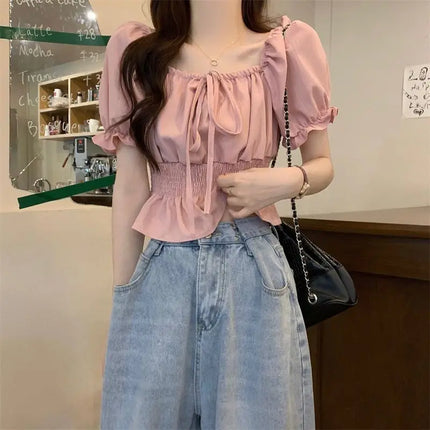 French Style Bubble Sleeve Shirt Women's Short Sweet Sensation Waist Cinched One Shoulder Top Polyester Blend Regular Sleeve