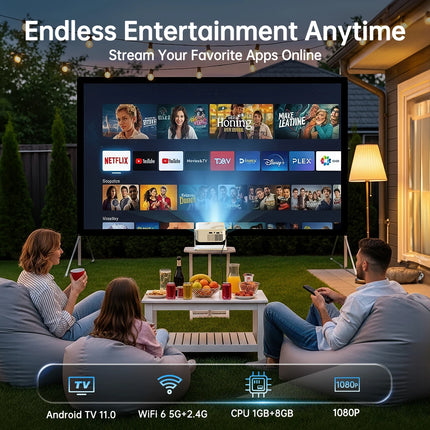 Mini Projector 1080P HD 280 ANSI, Portable Movie Projector 1GB 8GB Android 10 Cinema Projector with Wifi6 BT5.2,For Outdoor Home
