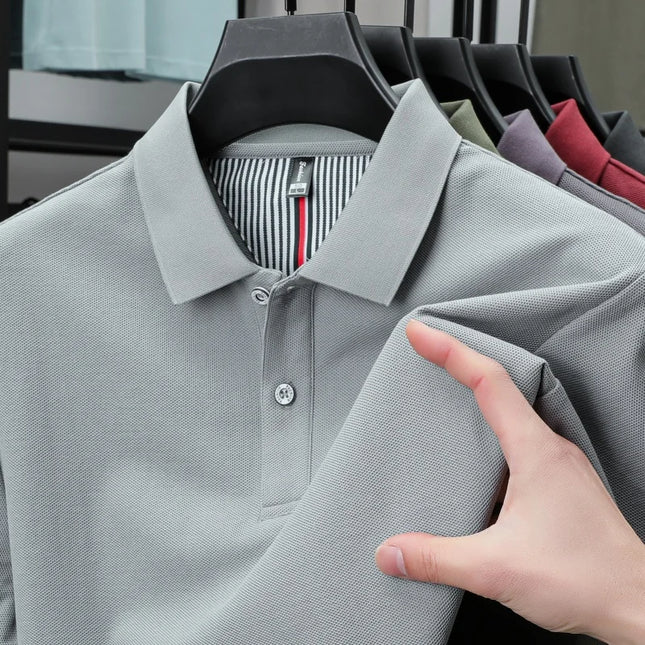 100% Pure Cotton Short-Sleeved Men's Polo Shirt Summer Boutique Fashion High-Quality Top Solid Color Collar Back Striped T-Shirt