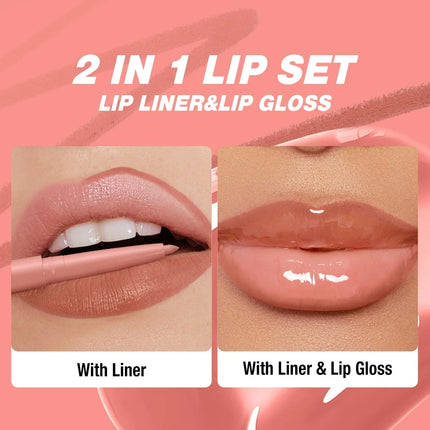 2pcs/Set Smooth Lip Liner+Lip Gloss Set Waterproof Liner Lip Combo Makeup, Long-Lasting Moisturizing Makeup Plump