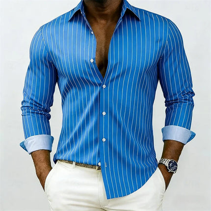 New men's striped shirt, outdoor street style, business casual, lapel collar, long sleeves, versatile and fashionable men's top.