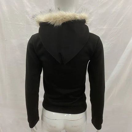 Vintage American Retro White Letter Hoodie Women Winter Faux Fur Lined Zip Up Sweatshirt Cozy Pullover Streetwear 2026 New