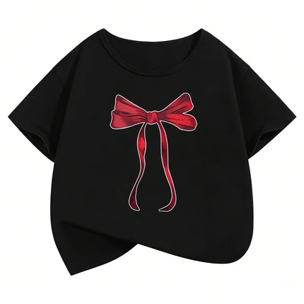 Y2k Red Bow Design Printed Funny T Shirts Graphic Kids Short Sleeve T-shirt Boys Girls Summer Spring Casual Top Tee Shirt