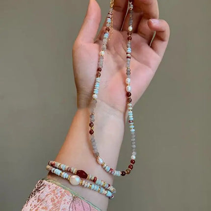 Retro Handmade Woven Natural Stone Beadeds Chain Pearl Pendant Necklace Bracelet Accessories for Women Fashion Jewelry Set Gifts