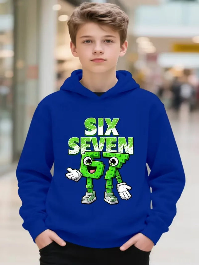 Boy Fleece Hooded Sweatshirt Autumn Six Seven 67 Number Print Children's Hoodies Kid Casual Fashion Current Long Sleeve Top