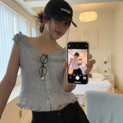 Korean Sle ort Striped Vest Women Summer Outerwear Subtle Design Single Button Lobone Trendy Age-Defng Top