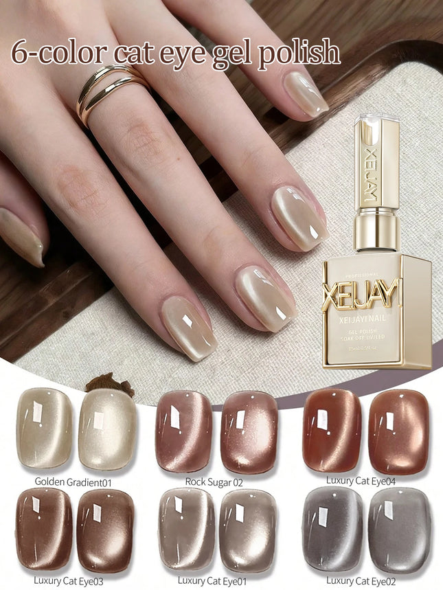 6pcs 15ml Luxury Coffee Cat's Eye Nail Gel Polish Set with Soak Off UV LED Cat Eye Gel Polish Manicure Nail Art Gift Kit