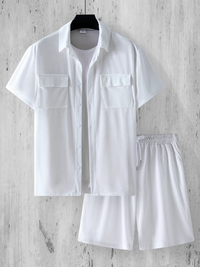 2025 Summer street wear two-piece retro solid color corduroy shirt and shorts set men's fashionable and steady short-sleeved set