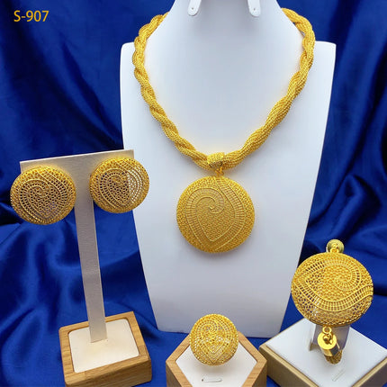 Luxury Ethiopian 24k Gold Color Twisted Necklace And Earrings Jewelry Sets For Women Dubai Indian Bridal Set Wedding