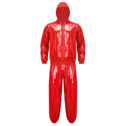 Mens Sauna Tracksuit Set Zipper Hoodie Drawstring Pants Waterproof Long Sleeve Front Zip-up Drawstring Hood Jacket with Pants