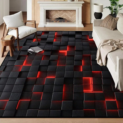 Black Red 3D Cube Print Rug, Glowing Square Block Geometric Pattern, Non-Slip Washable Mat for Living Room Sofa Dining Room Indoor