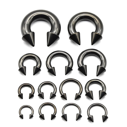1Pc Large Gauge Black Stainelss Steel Horseshoe Ring with Spike Circular Barbell Piercing Nose Rings Cone Piercing Septum Rings