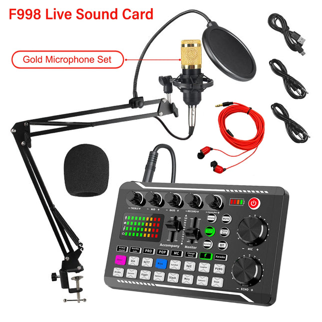 F998 Podcast Live Equipment Bundle, Professional Live Sound Card with Microphone Set Mixer Recording Studio Package Music Singing