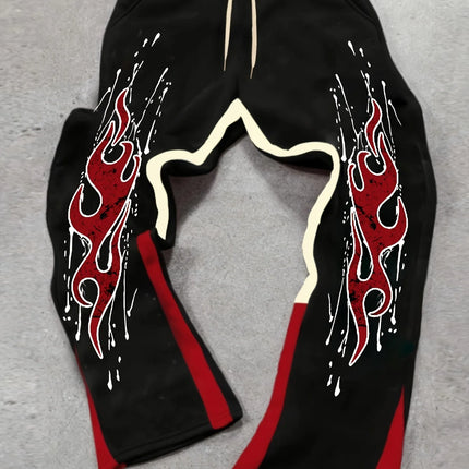 Men's Street Fashionable Slightly Flared Sweatpants with Striking Red Flame Prints Artfully Crafted from Polyester Fabric