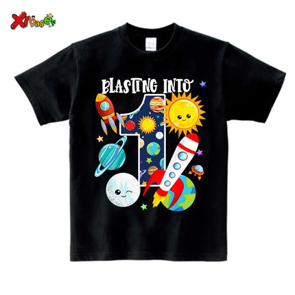Boys Outer Space Birthday Shirts Girl Custom Outfit Rocket Children's Summer Cotton Top Clothing Set Clothes Children Clothing