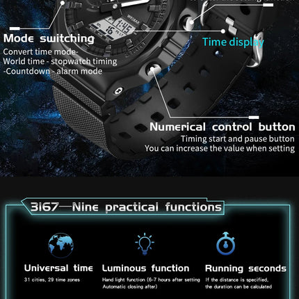 SANDA 3167 Top New Style Men's Casual Military Outdoor Sport Wrist Watch Quartz 50M Waterproof Fashion Dual Display Men's Watch