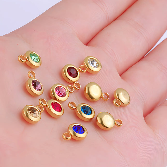 6.5mm Gold Titanium Steel Zodiac Sign Birthstone Pendant Charm Lucky Birthday Stone Cup Drill Point for DIY Jewelry Making