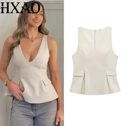 HXAO Women's Spring Elegant Vest Tops 2025 Summer Y2k Tank Tops Ladies Fashion Casual Sleeveless Office Beige Tops For Female