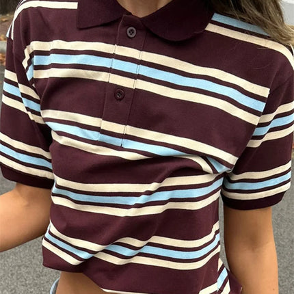 Women Summer Basic T-Shirt Casual Striped Print Lapel Short Sleeve Tops For Streetwear Aesthetic Grunge Clothes Hot Sale S-XL