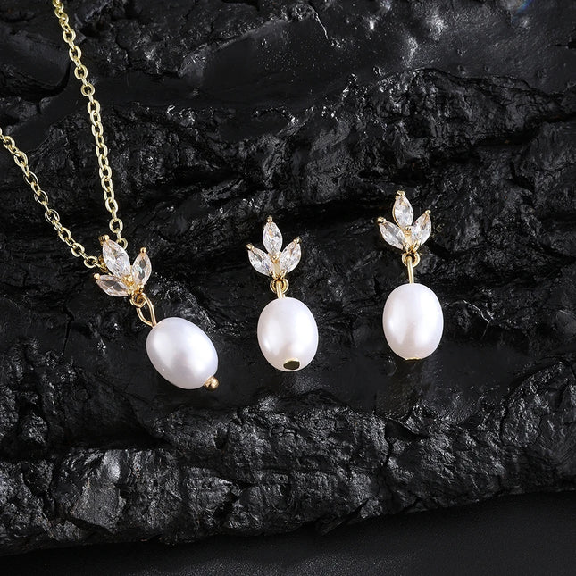 ZAKOL Elegant Shiny Zircon Imitation Pearl Pendant Earring Necklace Set for Women Luxury Party Jewelry Gifts