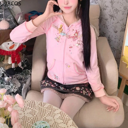 Pink Japanese Y2k Cute Hoodies Coat Women Autumn Kawaii Long Sleeves Cartoon Pattern Ear Anime Hoodie E-girls Sweet Sweatshirt