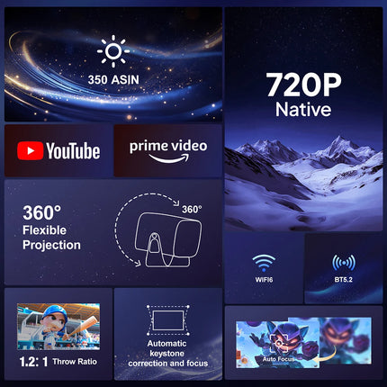 VEVSHAO A12 Projector Mini Portable  LED Video Android 13.0 WIFI 6 Mirror SmartPhone for 1080P 4K Video Home Cinema Projector