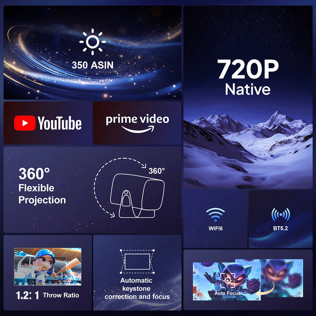 VEVSHAO A12 Projector Mini Portable  LED Video Android 13.0 WIFI 6 Mirror SmartPhone for 1080P 4K Video Home Cinema Projector