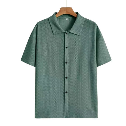 Men's Vacation Casual Style Knitted Geometric Striped Crochet Textured Jacquard Loose Short-Sleeve Shirt Hawaiian Beach Shirts