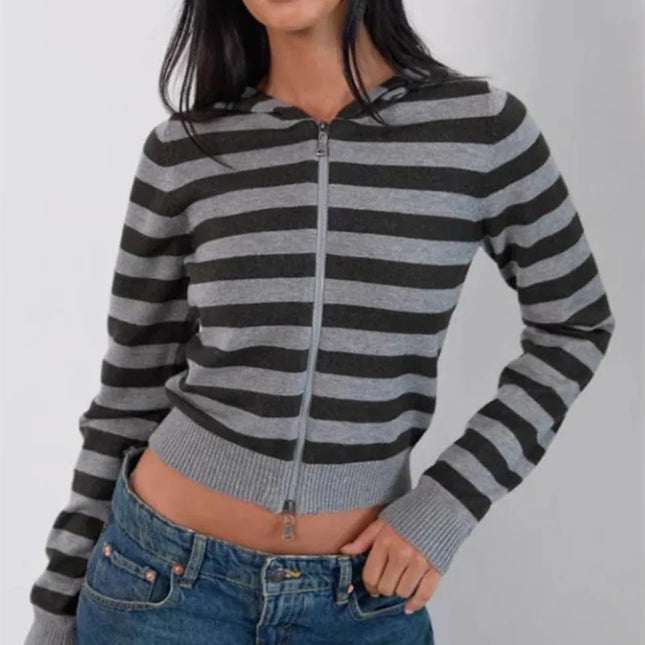 Women Full Zip Up Hoodie Sweatshirt Striped Long Sleeve Zipper Crop Shirt Color Contrast Y2k Hooded Cardigan Jacket