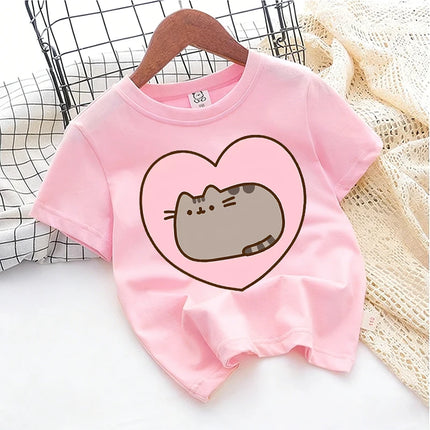 Cute Pusheens Children's Cotton T-shirt Short Sleeve Clothes Anime Popular Cartoon Kids Girl Tees Streetwear Toddler Casual Tops