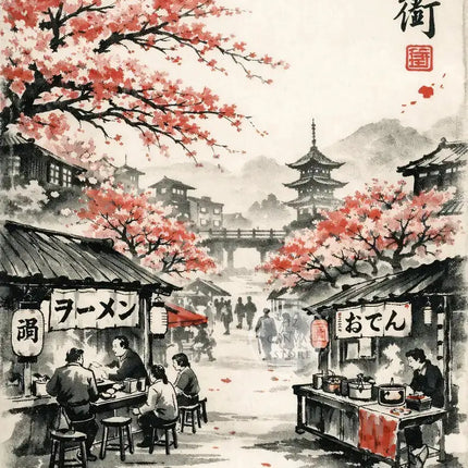 Japanese Ink Painting Landscape Spring Cherry Blossoms Canvas Print Asian Style Wall Art Poster for Living Room Home Decor Gift