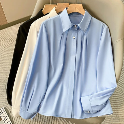 2026 Long-sleeved Lapel Plus Size Shirt New Korean Version Loose Temperament Profession Blouse Solid Hidden Button Down Shirts