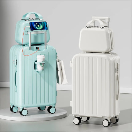 20 Inch Multifunction Large Capacity Luggage Business Carry on Boarding USB Charging Cup Holder 360° Spinner Wheels Suitcase