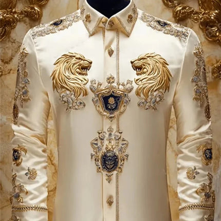 Men Luxury Western Lion Long Sleeve Button Up Shirt Floral Gold 3d Print Hawaiian Shirt Men Women Fashion Design Blouse Slim New