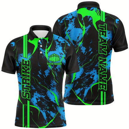 CustomizedBowling Shirt-Customizable Text Color and Format-Bowling Shirt withGreen Crack and Blue Contrast Design PrintedPattern