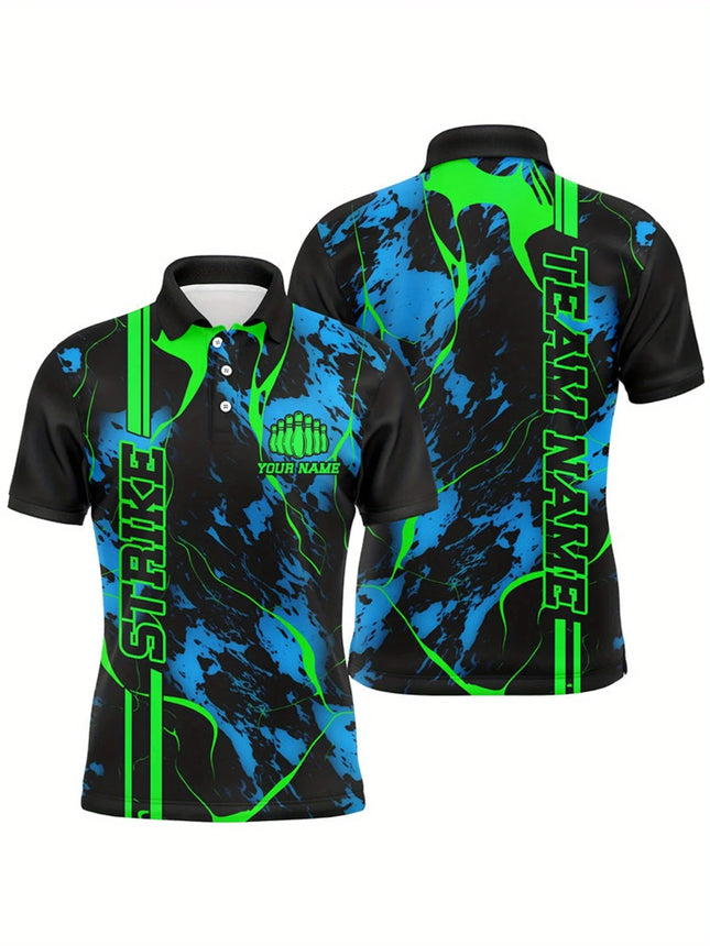 CustomizedBowling Shirt-Customizable Text Color and Format-Bowling Shirt withGreen Crack and Blue Contrast Design PrintedPattern