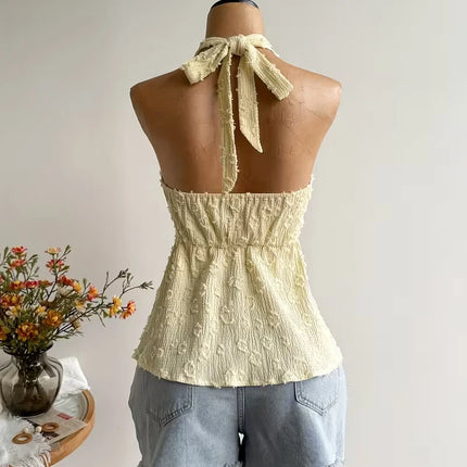 Women's Summer V-neck Lace Up Exposed Neck and Backless Casual Vacation Top - Boho Easter Beach Clothing Hawaii Coachella Music Festival