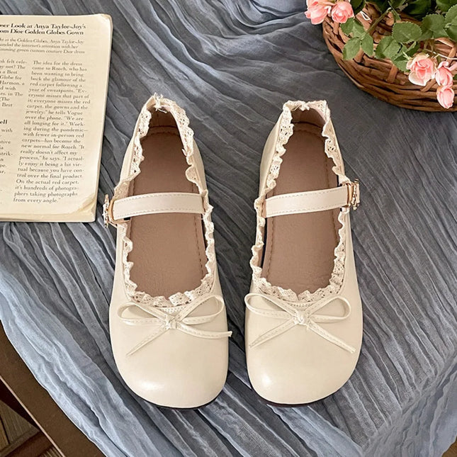 Lolita PU Leather JK Flat Shoes Bow Sweet Slip On Loafers Soft Sole Lace Ruffled Mary Jane Shoes Women