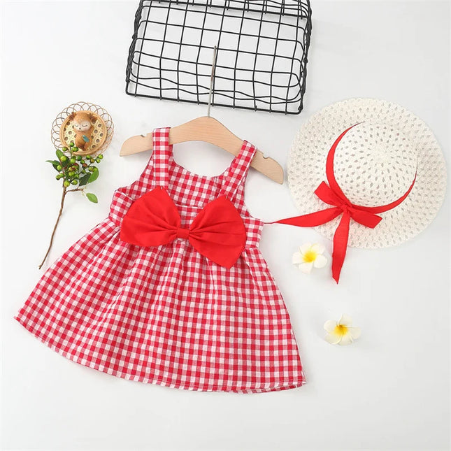2Pcs/Set Baby Girl Plaid Sweet Bow Summer Birthday Party Dress Toddler Kids Outfits 0 To 3 Years Children Clothes Suit + Hat