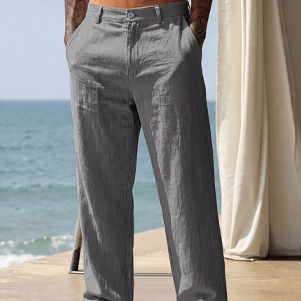 2026 Summer Men'S Cotton And Linen Pants Multiple Pockets Breathable Loose Drawstring Straight Leg Pants Sports And Casual Pants