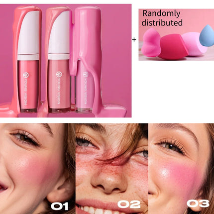YOUNG VISION 3-Color Beauty Sponge + Liquid Blush Silky Velvet Pink Liquid Blush Natural and Easy to Blend Cosmetics